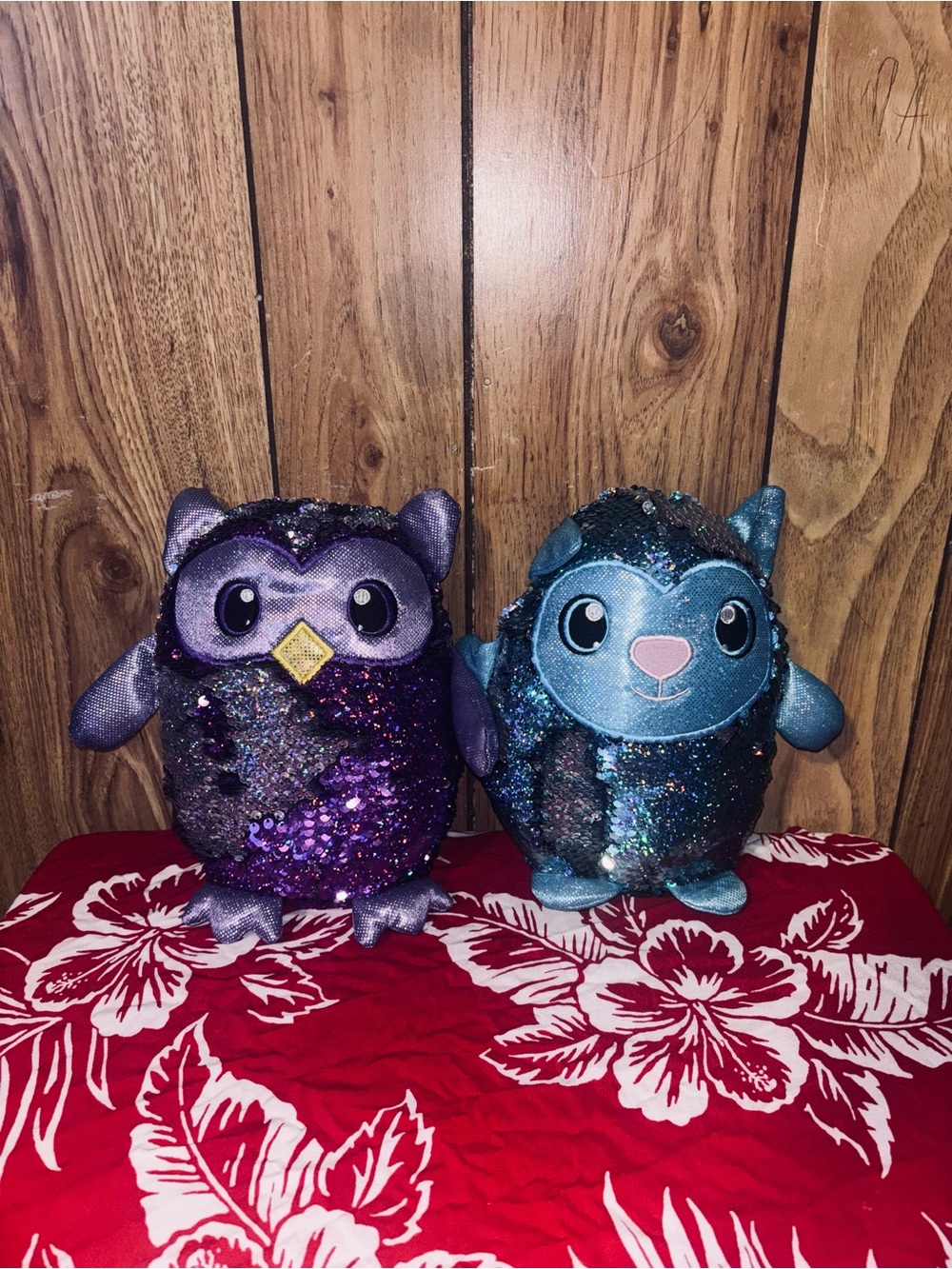 Shimmeez  Sequin Plush Owl Pair - Purple and blue